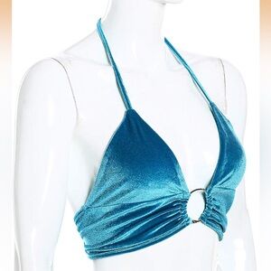Blue Velvet Halter Crop Top with O-Ring